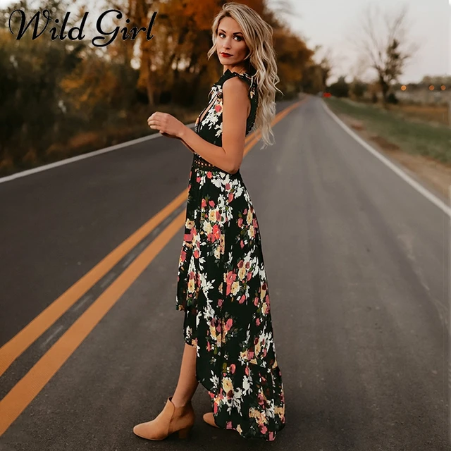 Glamaker Elegant flower print lace maxi dress vestidos Sexy deep V neck backless summer dress Women boho asymmetrical long dress 1