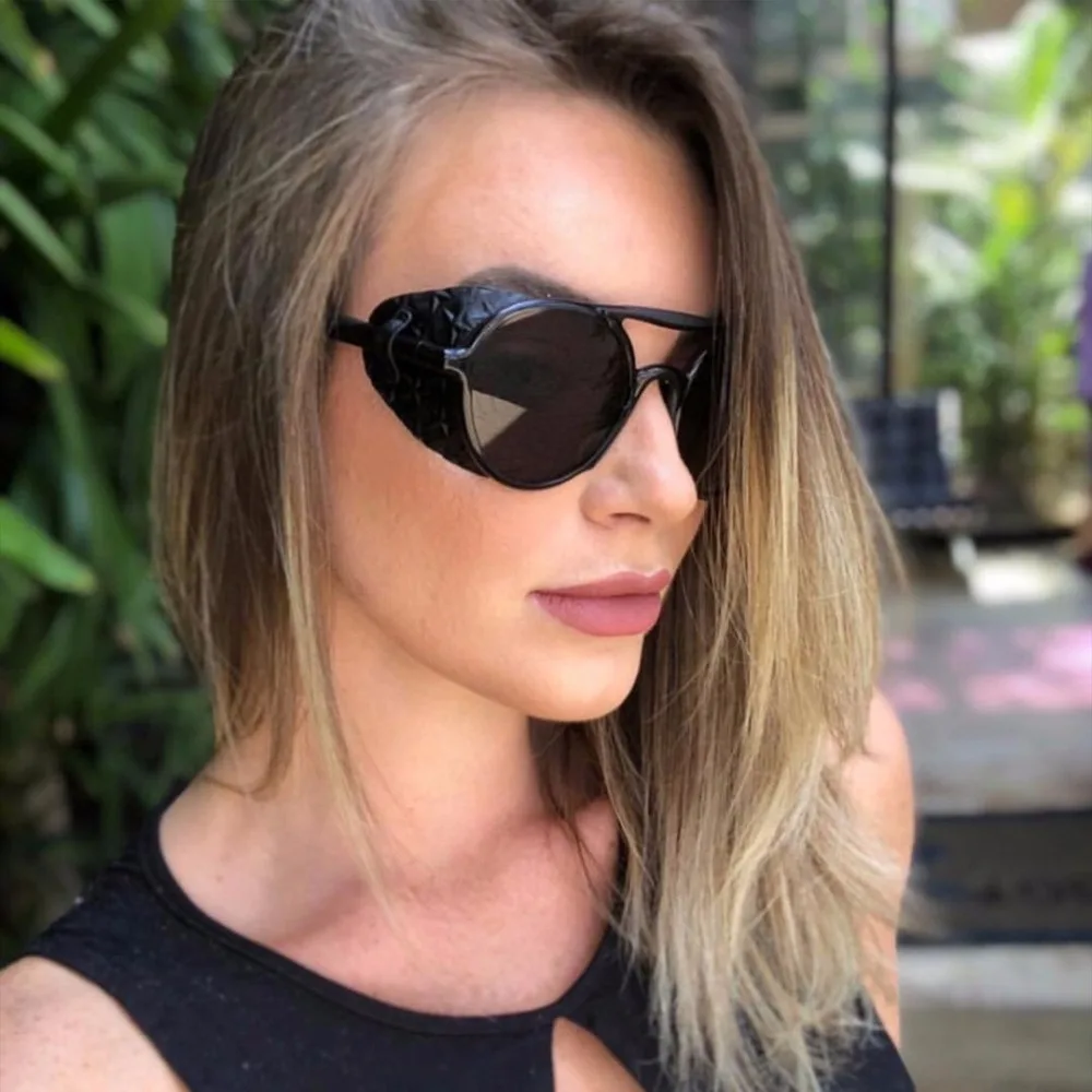 

Fashion Round Sunglasses Women Luxury Brand Vintage Glasses Leather Decoration Frame Men steampunk Goggles
