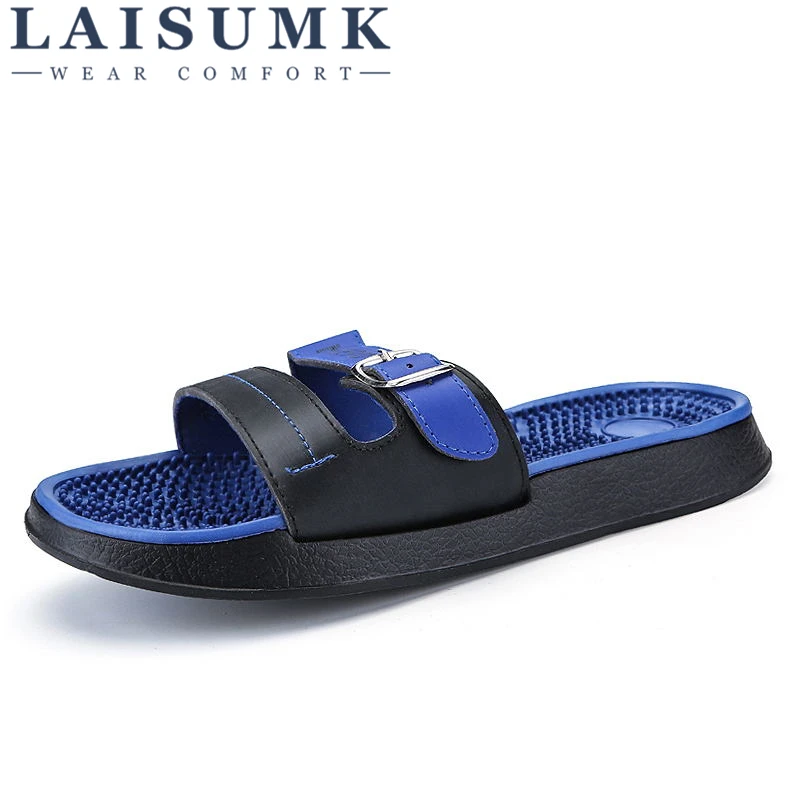 

2019 LAISUMK Designer Men Slippers Flat Summer Shoes Brand Fashion Home / Outside Sandals Man Slides Beach Slippers