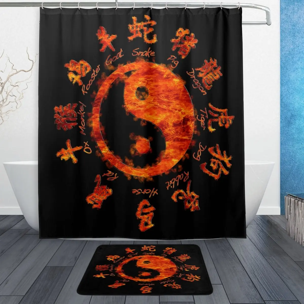 Asian Chinese Zodiac Signs60 X 72 Inches Shower Curtain and Mat Set