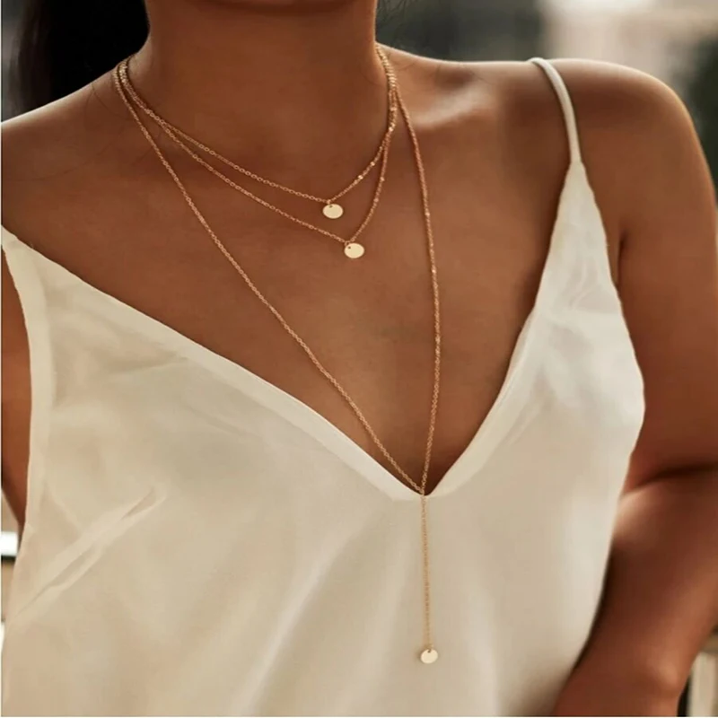 

2019 fashion three-layer gold coin stream comb necklace for girls gifts Factory direct sales
