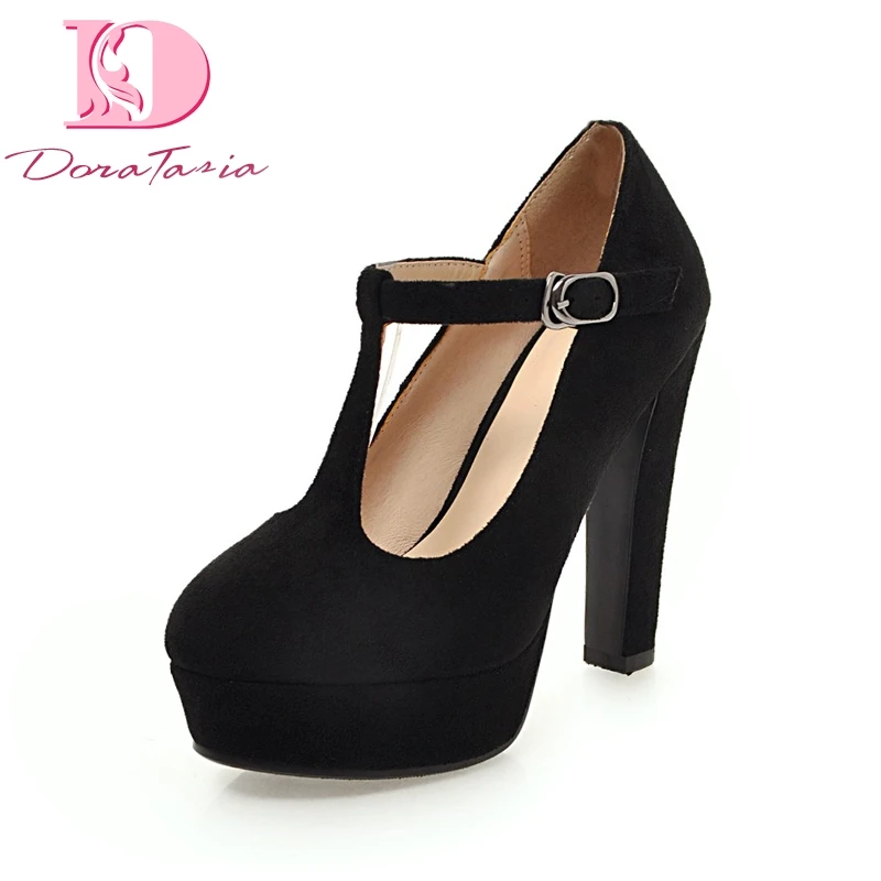 

DoraTasia Top Quality Big Size 34-43 t-strap Flock Platform Spring Shoes Woman Pumps Sexy Party High Heels Women Shoes