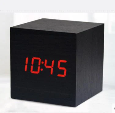 Mini Cube Wooden Clock Voice Control Electronic Table Clock LED Digital Desk Watch Nixie Radio For Children Bedside Alarm Clock - Цвет: Wooden red