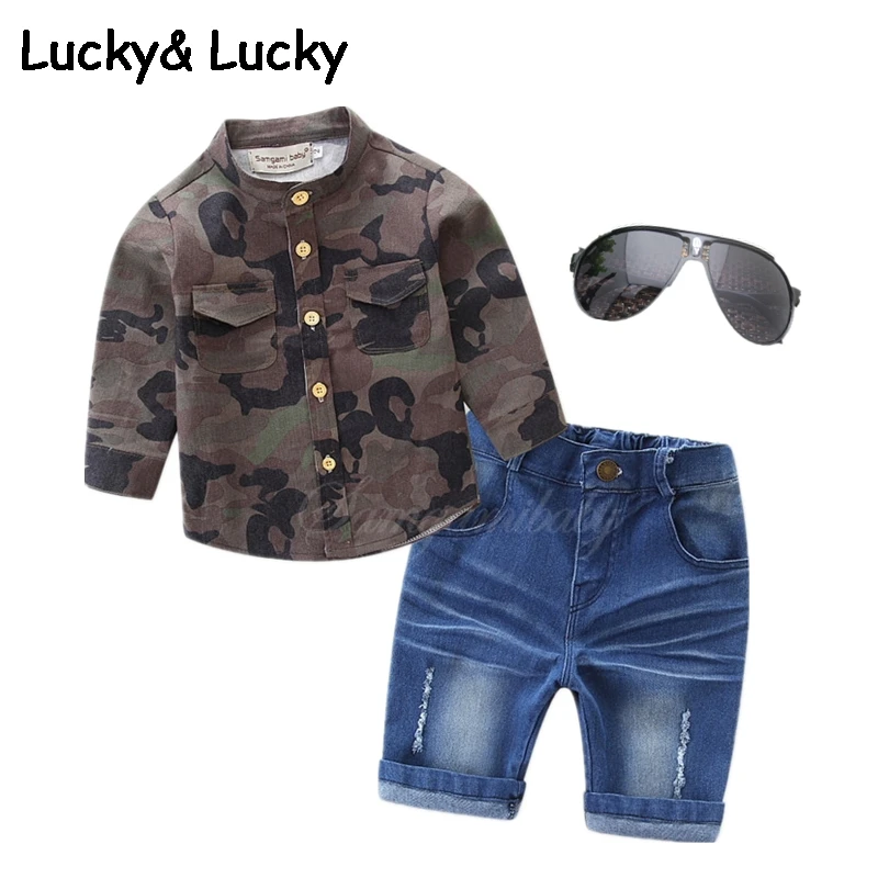 Детская одежда 3 шт./компл. детская одежда длинные рукава с камуфляжным принтом рубашка и джинсовые шорты Одежда для мальчиков летняя повседневная одежда с очками