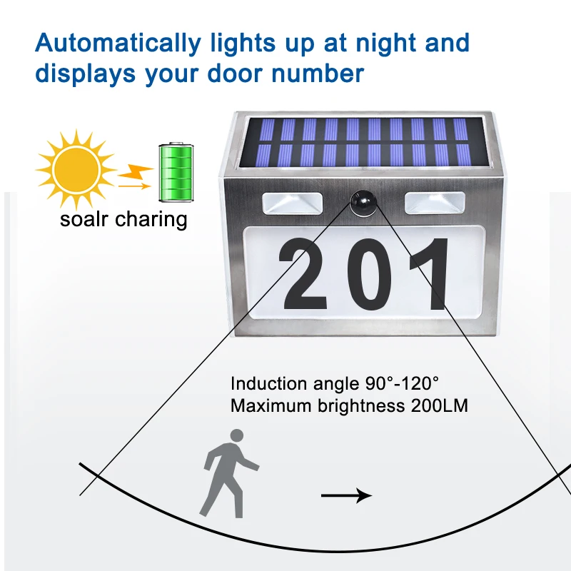 Светильник на солнечной батарее с датчиком движения 200лм светодиодный светильник с номером адреса для дома, сада, двери, солнечный светильник ing