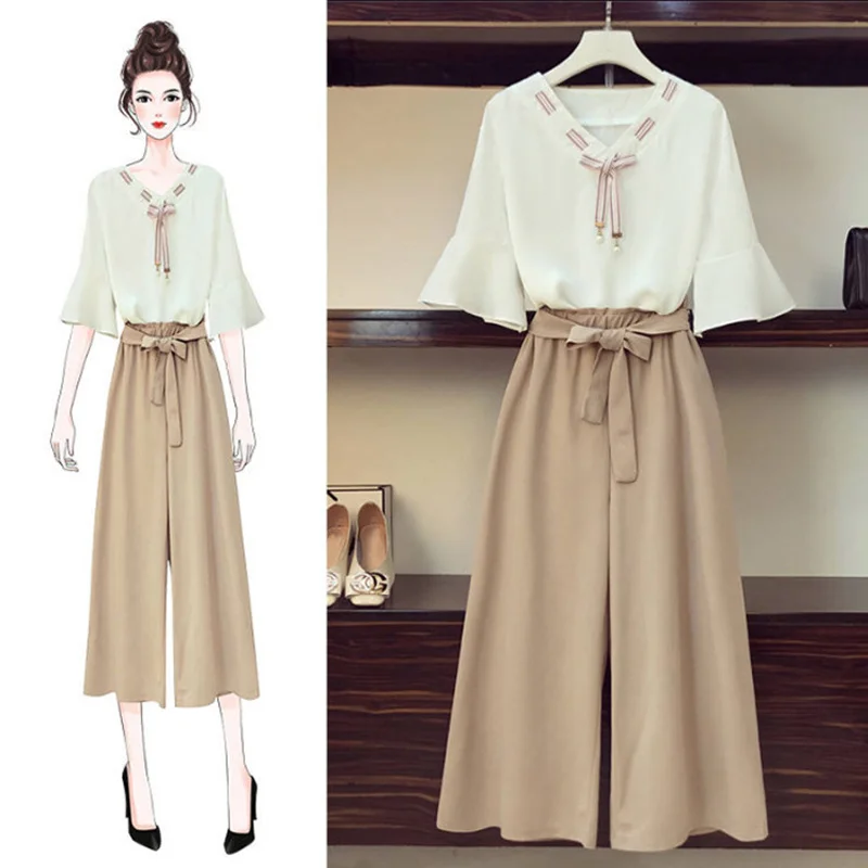 

Women 2 Two Piece Set Short Sleeve V Neck Blouse Wide Leg Pants Elastis Waist Suits 2019 Autumn Fashion Bow Casual Sets Female