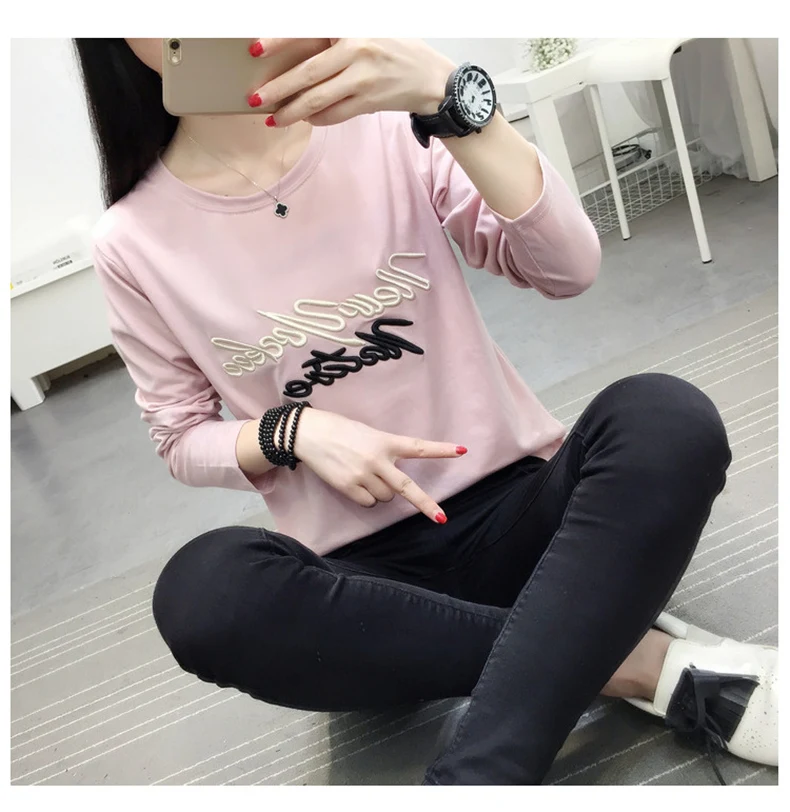 

Autumn Tops Korean Fashion Letters Embroidery Harajuku Long-sleeved Women's T-shirt 2019 Round Neck Casual Loose Korean T-shirt