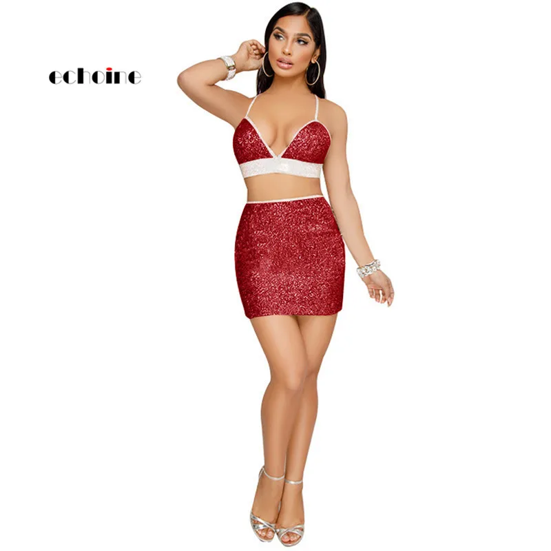 

Echoine Womens Sexy Suits Slim Two Piece Set Suspended Bra Sequined Skirt Mini Dress Red Gold Autumn Winter Nightclub Women Set