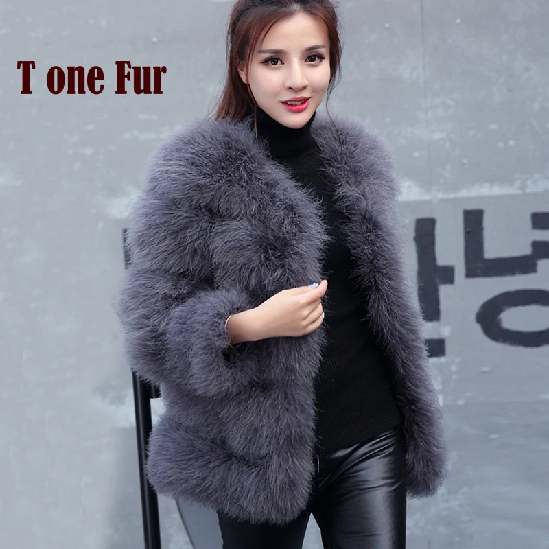 

2019 New Arrival Pure Knitted Turkey Fur Jacket Luxury Fashion Real Natural Ostrich Fur Coat Hot Factory Sale KSR113