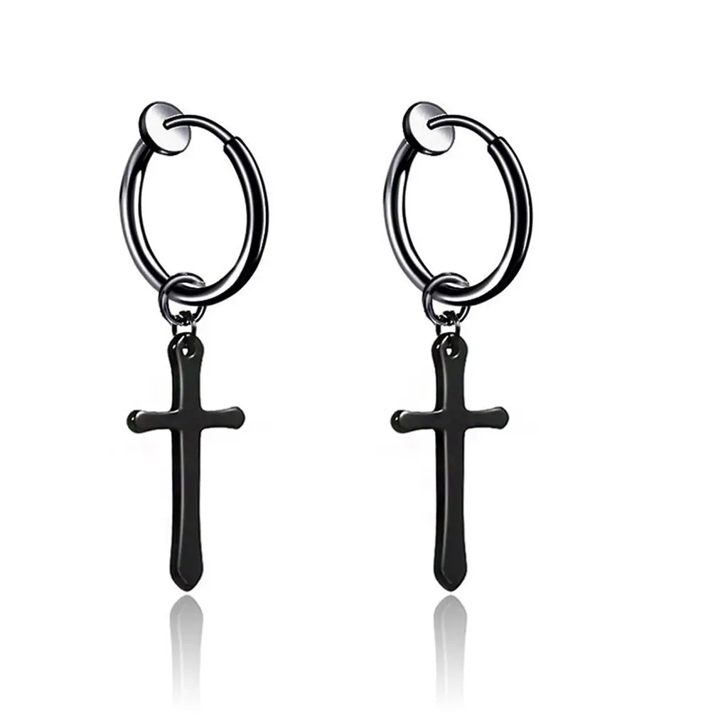 

Unique Titanium Steel Hoop Earring Drop Dangle Earring Cross Ear Clip With Cross Pendant Hanging Ornament