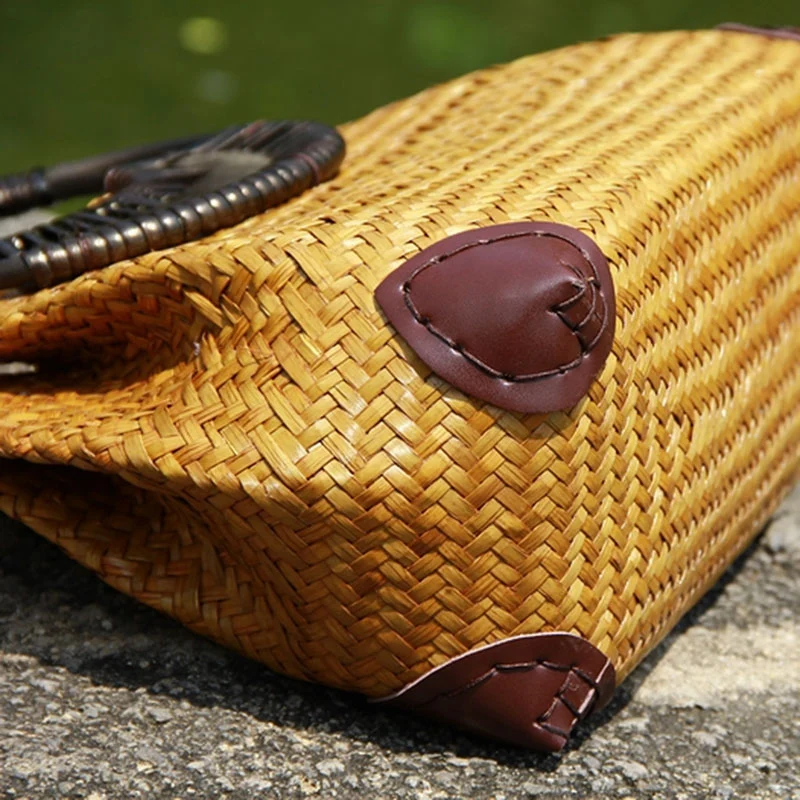 Women Straw Female Bamboo Summer Beach Weave Handbag Lady Handmade Vintage Wood Handle Bag Travel Knitted Totes Bags_voghion.com