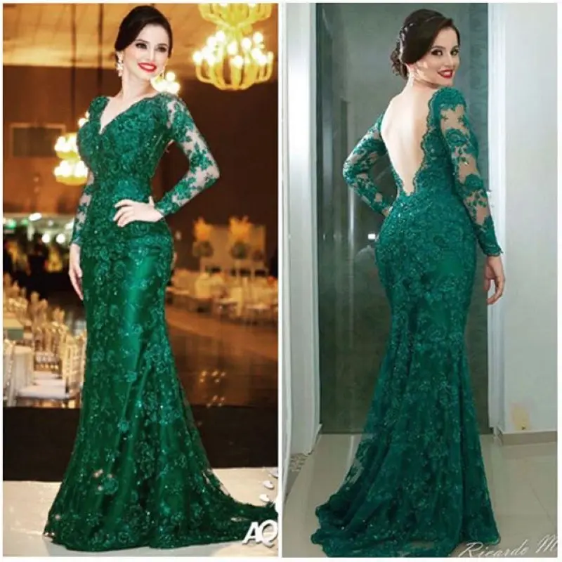 Lace-Women-Prom-Dress-Sexy-V-Neck-Low-Back-Long-Sleeves-Emerald-Green-Mermaid-Prom-Dress
