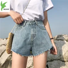 Для женщин Лето корейский свободные Малый Разделение вилки джинсы шорты студенток Высокая Талия denimshorts карман Прямые джинсы