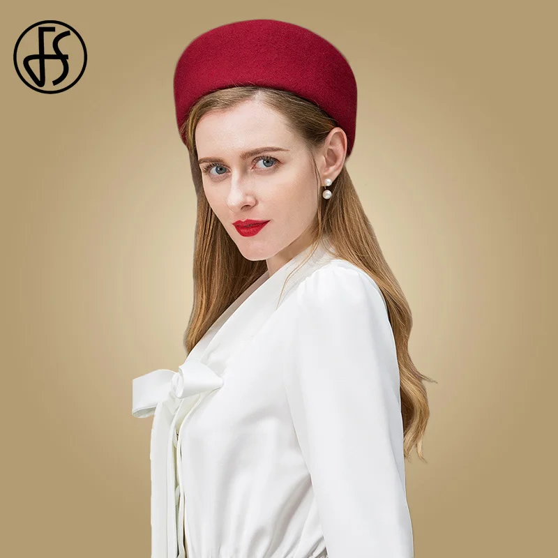 FS Wool Felt Hats Fascinator Winter Women Elegant Wine Red Lady Hats
