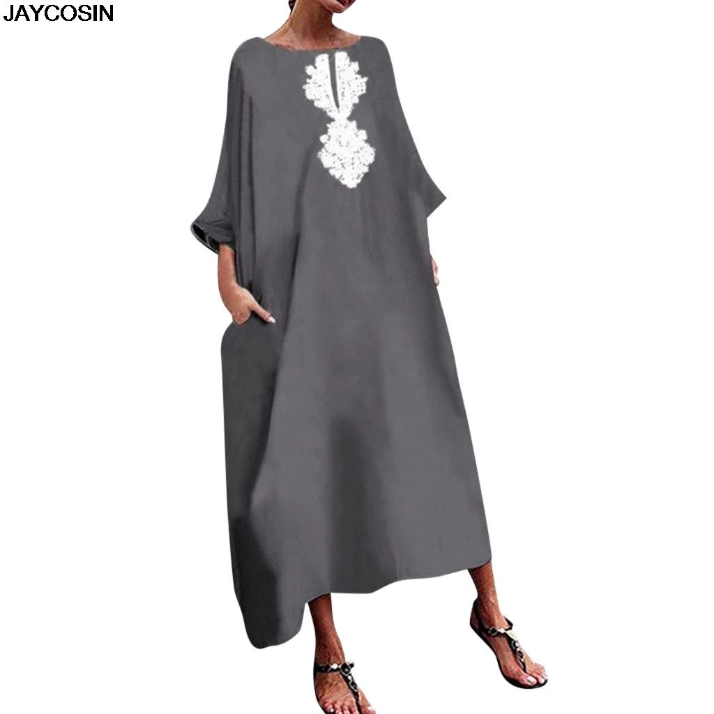 

JACOSIN Dress Casual Women's summer dresses large size Printed Cotton And Linen Loose Three Quarter vestidos Mid-Calf party 2019