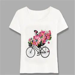 Новый Лето Осень женские короткий рукав цветочный велосипед футболка Повседневная Женская обувь с принтом Футболки Супер Довольно Дизайн