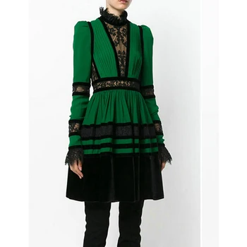 

HIGH QUALITY Newest Fashion 2020 Stylish Designer Runway Dress Women's Long Sleeve Color Block Lace Patchwork Dress