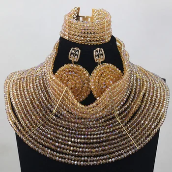 

18 Layers Nigerian Wedding African Crystal Beads Necklace Bracelet Earrings Jewelry Set Champagne Jewelry Free Shipping ANJ151