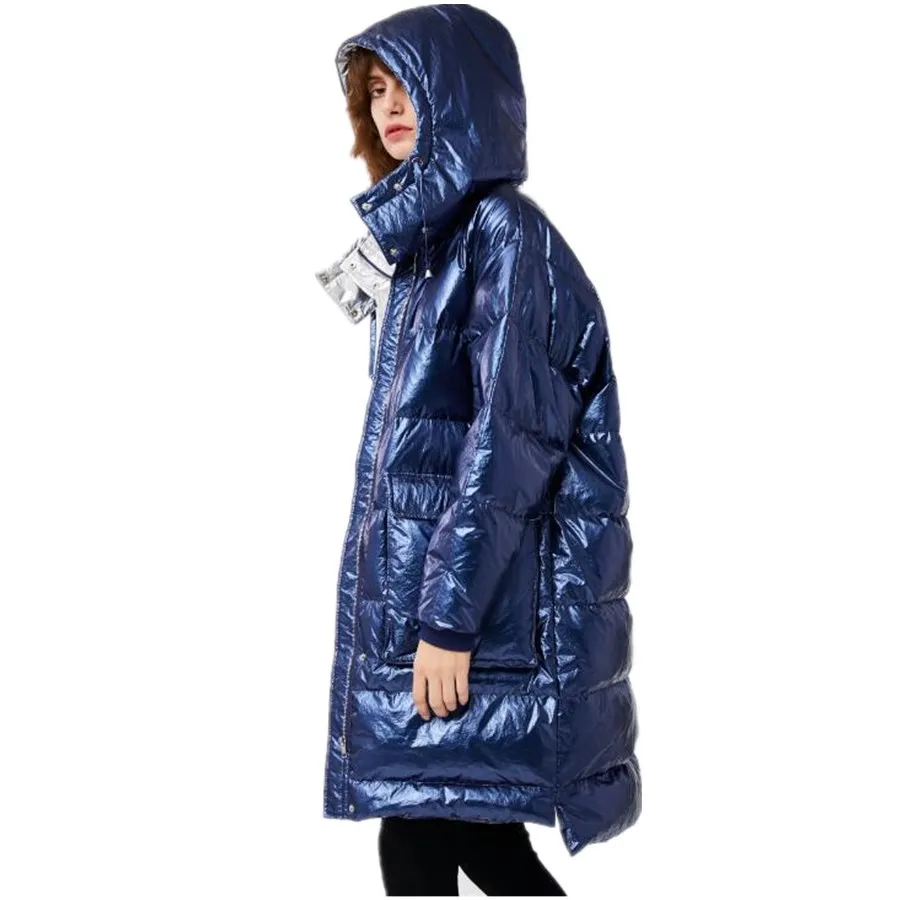 

Factory outlet winter fashion Metallic contrast Duck down parkas female glossy fabric hooded thicker warm coat wq796 dropship