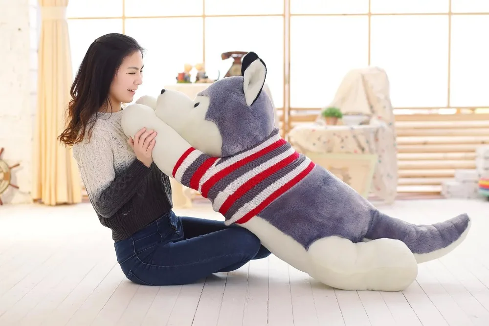 largest size 140cm gray husky plush toy ,stuffed toy, sweater cloth prone dog hug pillow ,surprised birthday gift h2999