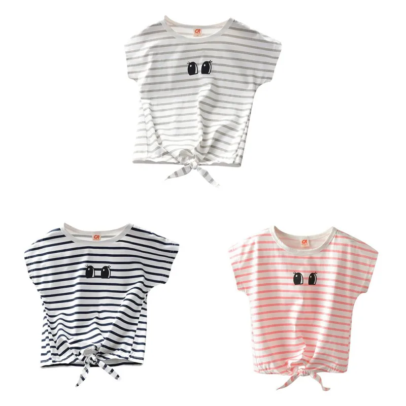 Летняя футболка для девочек, хлопковая одежда с короткими рукавами, полосатая рубашка с рисунком для малышей, одежда для маленьких девочек