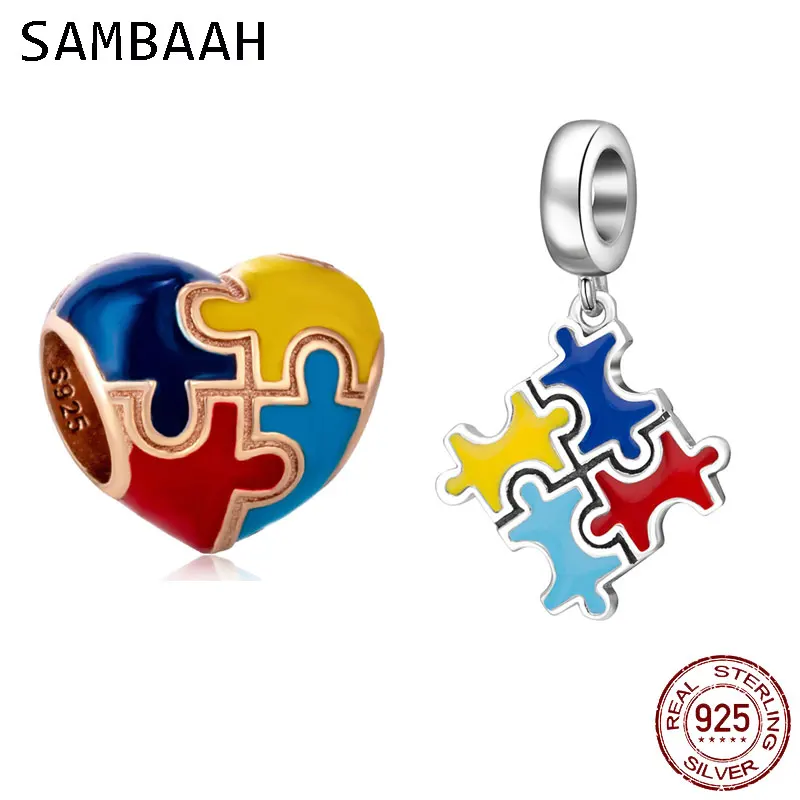 

Sambaah Puzzle Piece Heart Charm 925 Sterling Silver Enamel Autism Pattern Beads fit Pandora World Autism Awareness Day Bracelet