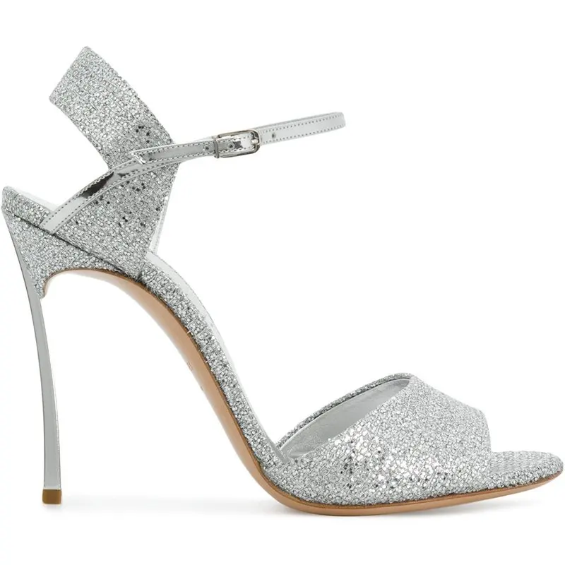 

Newest Silver Glitter Embellished Peep Toe High Heel Shoes Sexy Ankle Strap Thin Heel Sandal for Woman Cutouts Buckle Strap Shoe