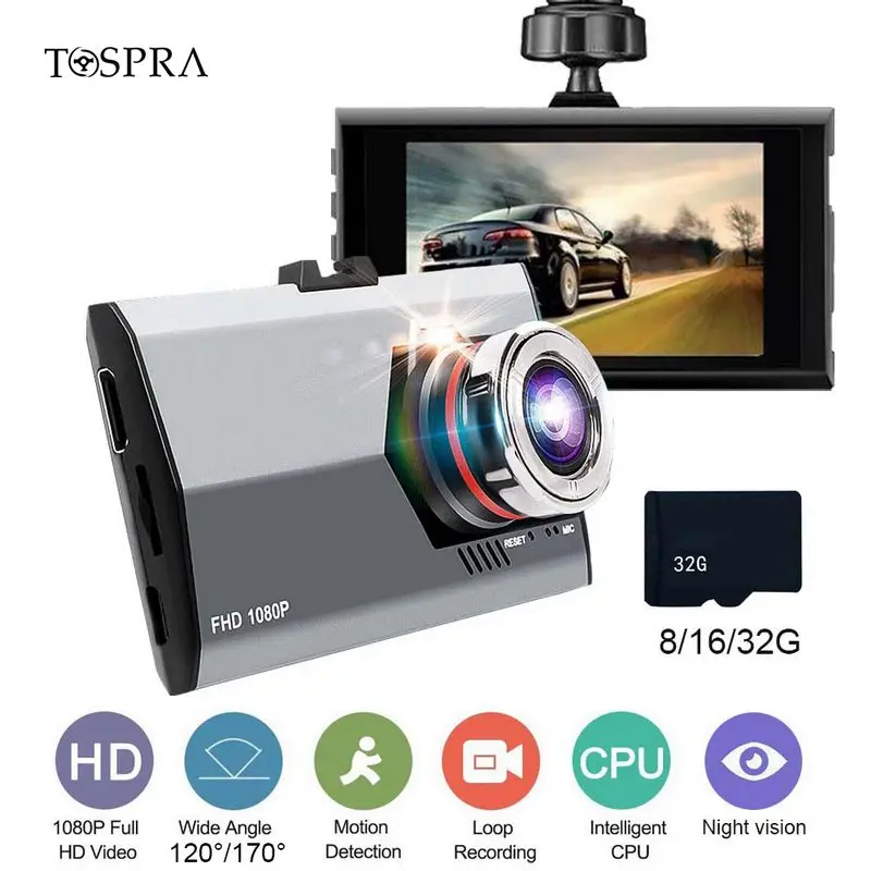 

TOSPRA 3.0" IPS Display Screen Car DVR Camera Full HD 1080P Rear Mirror View 170 Degree Wide Angle Night Vision Recorder Dashcam