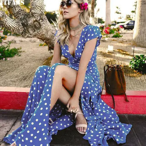 

2019 Boho Short Dress Womens Sexy V-neck Beach Summer Polka Dot Sexy Split Sashes Printed Point Maxi Dress 5 Colors Available