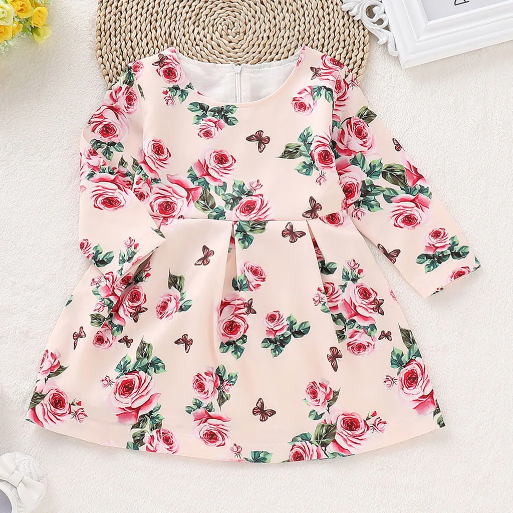 

Princess Toddler Newborn Baby Girl Dress Girls Long Sleeve O-Neck Flowers Print Dress Kids Party Beachwear Dresses Outfits