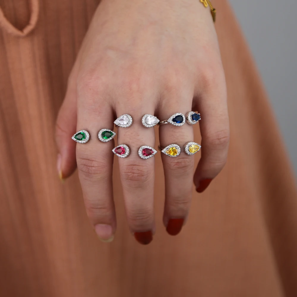 

Finger Band Jewelry silver colorful birthstone Rings with 3A Cubic Zirconia Crystal Tear Drop Stone Rings for Women