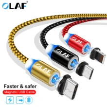 Cabo magnético trançado usb olaf, fio de led tipo c para carregamento de celulares apple iphone x 7 8 6 cabo xs max xr samsung s9