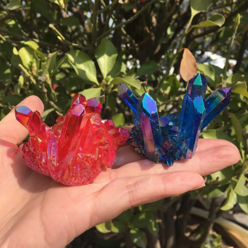 

2pcs Rare beautiful red and blue flame aura quartz crystal cluster specimen 120g