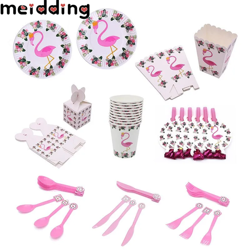 

MEIDDING Flamingo Party Disposable Tableware Set Kids Party Disposable Plate Cup Hat Summer Birthday Pool Party Decor Supplies