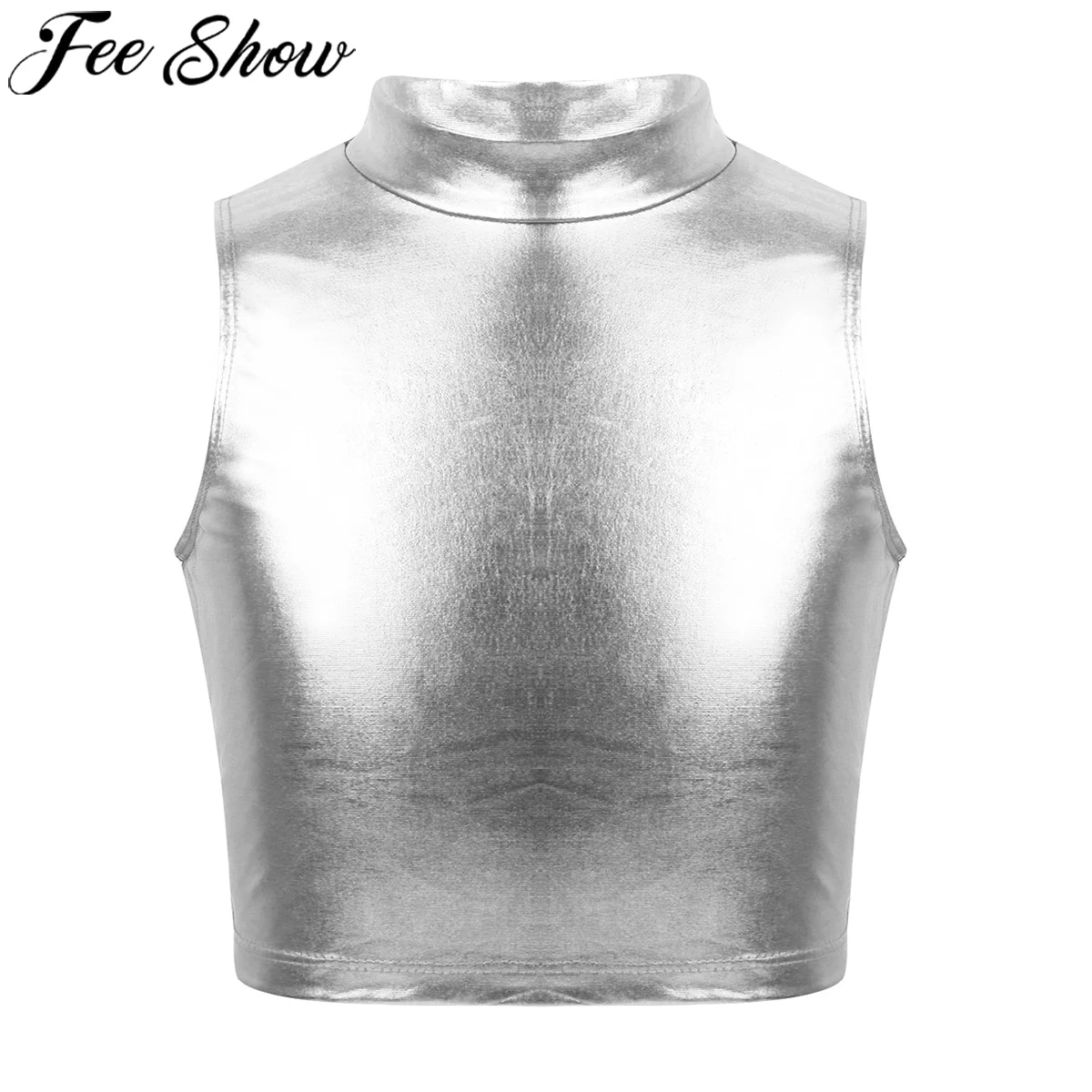 FEESHOW Kids Girls Clothes T-Shirt Metallic Sleeveless Turtleneck Crop Top Tees Ballet Dance Stage Performance Workout T Shirts | Мать и