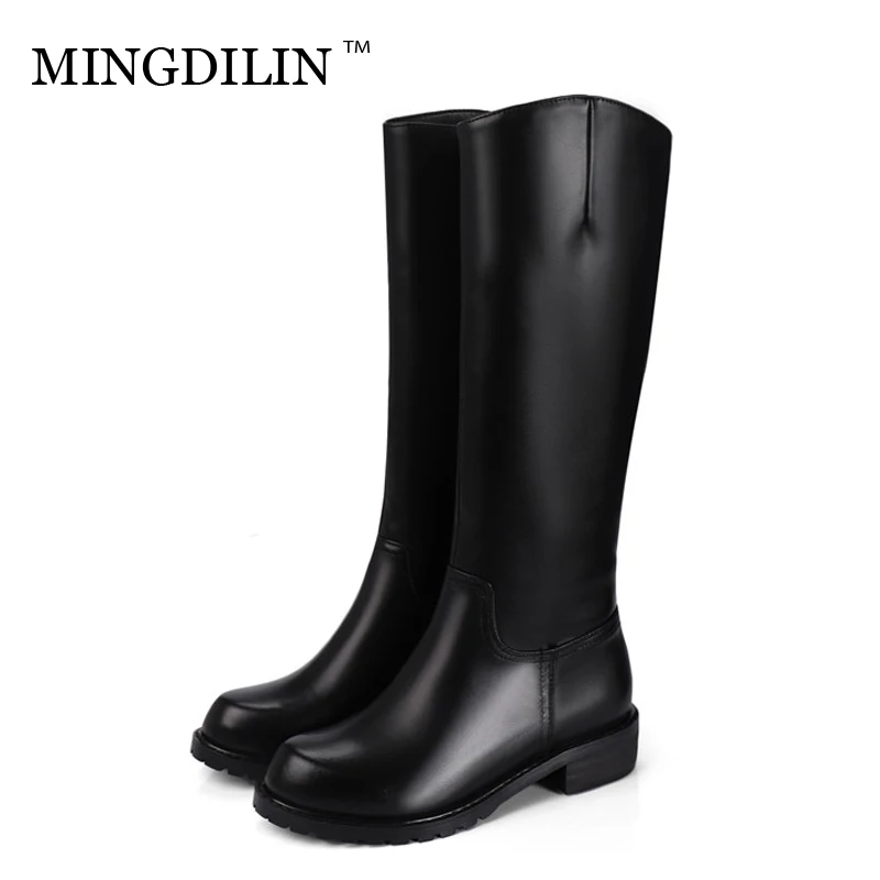 

MINGDILIN Winter Women's Genuine Leather Thigh High Boots Woman Knee High Boots Shoes Genuine Leather Black Knee High Boots 33