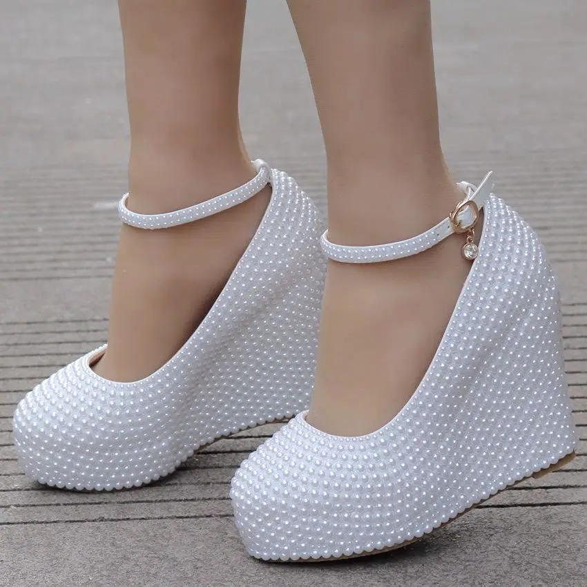 Crystal Queen women pearls heels platform wedges shoes plus size round