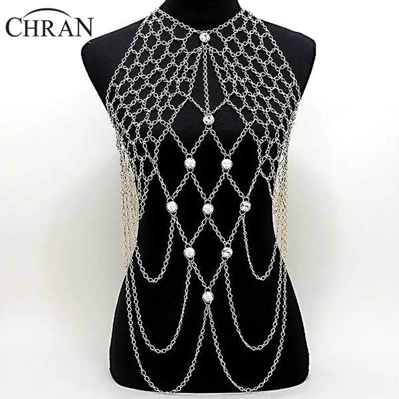 

Chran New Fashion Sexy GOLD and SILVER Draped Crystal Netted Necklace Beach Chain Bikini Jewelry Harness DDBJ9002 Free Shipping