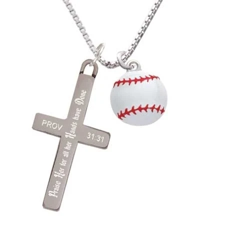 Large White Enamel Baseball - Praise Her - Cross Necklace (1)