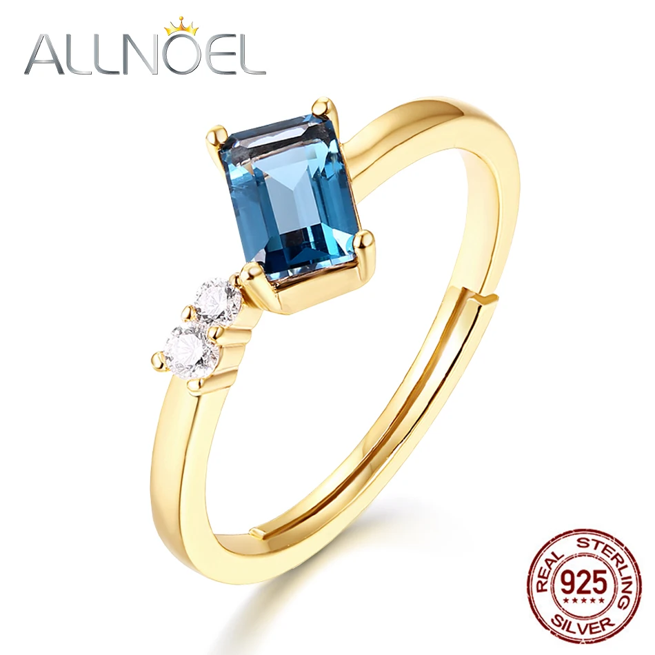 ALLNOEL Solid 925 Sterling Silver Gemstone Ring For Women Classic Natural Blue Topaz Weddings Bands Luxury Fine Jewelry Gift