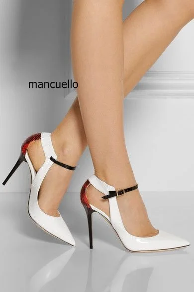 

New Stylish Design Women White Color Matched Snakeskin Pointed Toe Pumps Line-Style Buckle Thin High Heels Best Selling Pumps