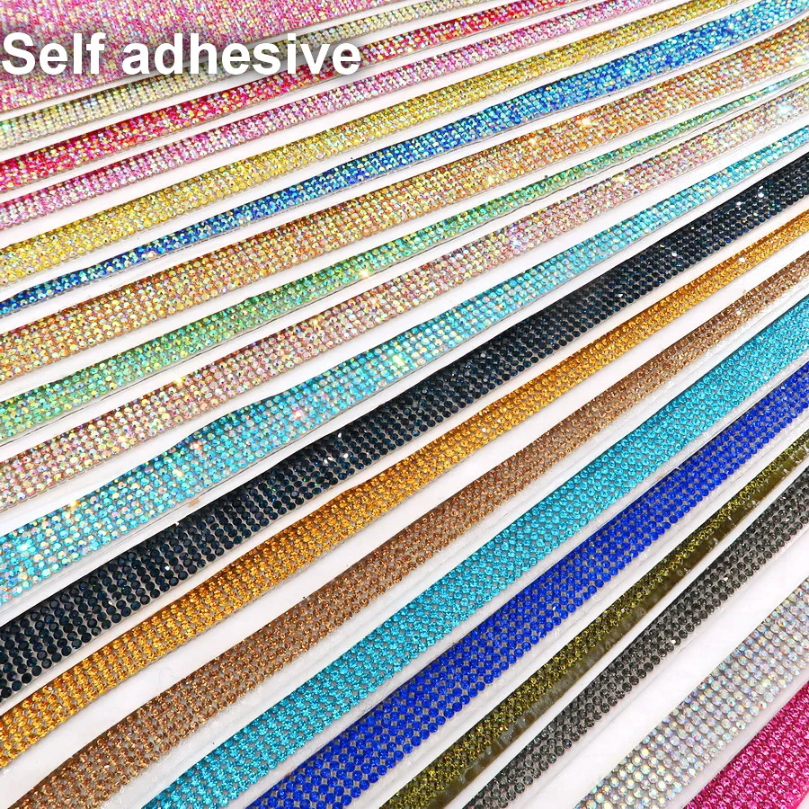 Günstige Selbstklebende SS6 2mm AB farben volle glas kristall strass mesh applique Banding roll aufkleber blatt kleid schuhe diy trim