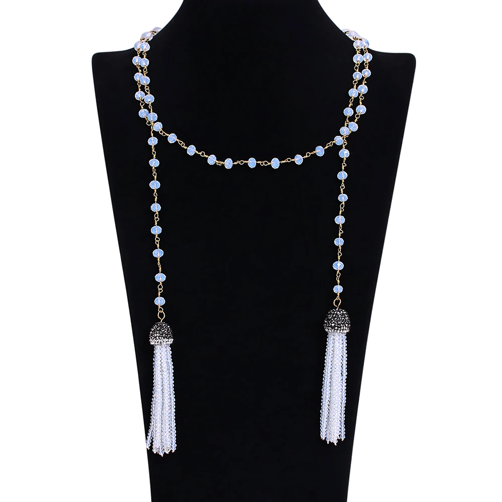 Европейское богемное ожерелье с натуральным камнем, голубой нефрит, белый опал, ожерелье с цепочкой из бисера, двойное Хрустальное Длинное колье с кисточками для женщин