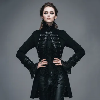 Devil Fashion Gothic Flocking Pattern Lady Jackets Punk Black Long Sleeves Single Button Coats Victorian Jackets Outerwear black side pockets long sleeves outerwear