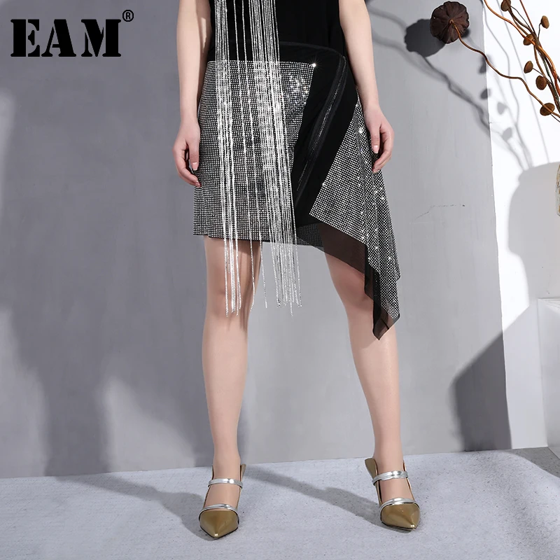 

[EAM]2019 New Spring Summer High Waist Black Irregular Hem Rhinestone Split Joint Personality Half-body Skirt Women Fashion 1C10