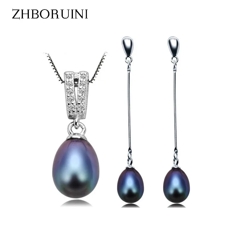 ZHBORUINI Վզնոց մարգարիտ զարդերի հավաքածու Բնական քաղցրահամ ջրերի Balck Pearl 925 ստերլինգ արծաթյա վզնոց Ականջօղեր կախազարդ կանանց համար