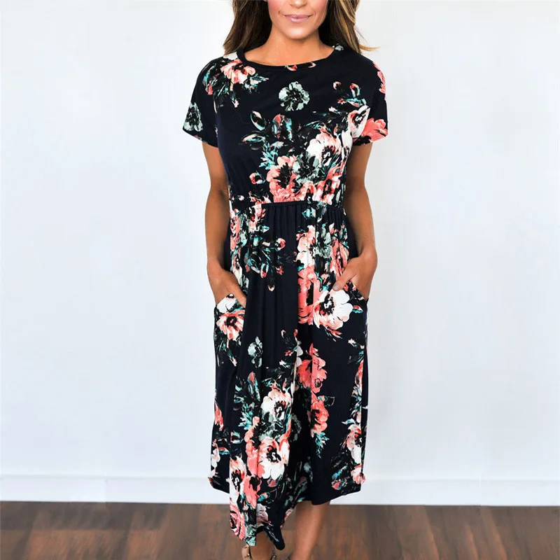 Women's Loose Boho Dress Crew Neck Floral Print A-line Women Dress Short Sleeve Pockets Casual Summer Dress 2018 Plus Size Dresses