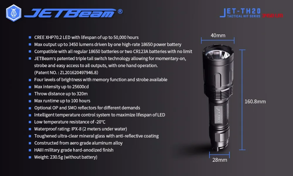 JETBeam TH20 светодиодный фонарик 3450 Люмен Cree XHP70 фонарик для самообороны с 1*18650 батареей