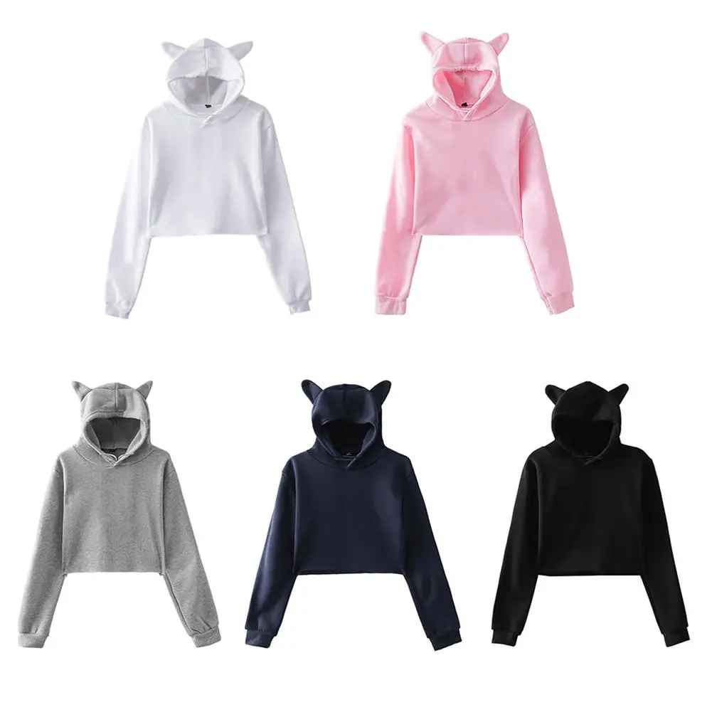 Free shipping  Hoodies Sweatshirts Women Black Cute Hoodie Women With Hood Cat Ear 2018 Girl Female Cropped Pullov