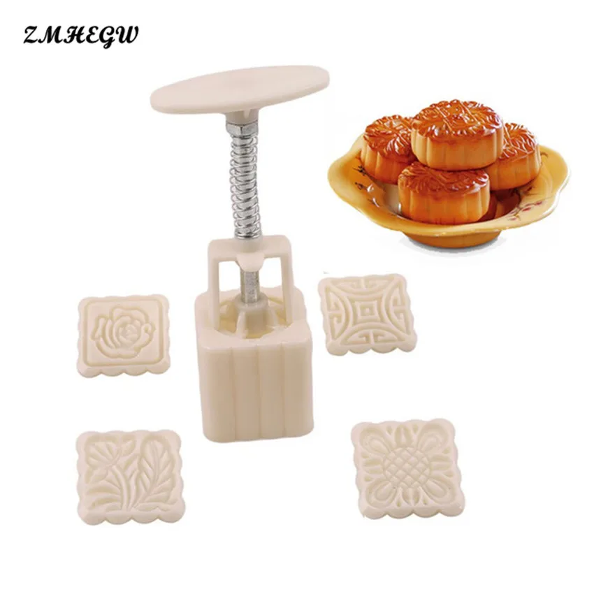 

New 4 Patterns Square Moon cake Fondant Sugarcraft Decorating Cookies Mould Baking Tool Set Hot Moon Cake Molds Plunger
